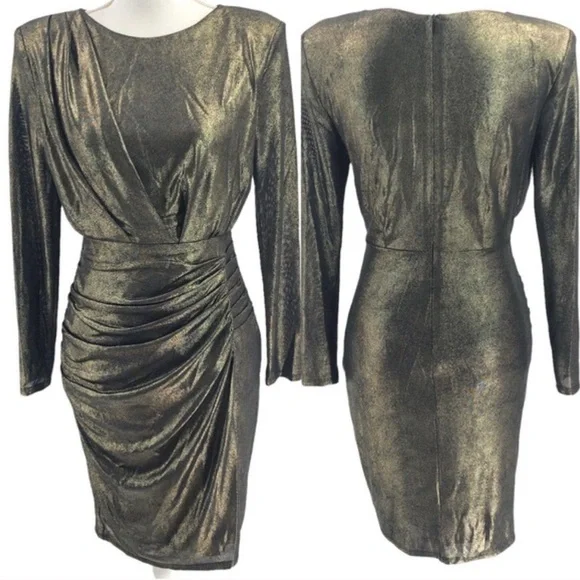 ASTR Gunmetal Gold Foil Ruched Mini Dress Women’s Small Like New - Picture 9 of 10